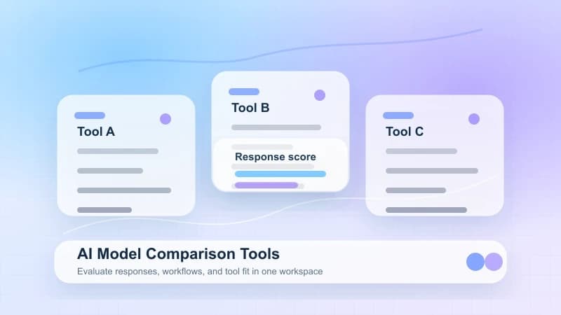 Abstract dashboard showing AI response comparison panels and scoring elements in a blue and violet gradient workspace.