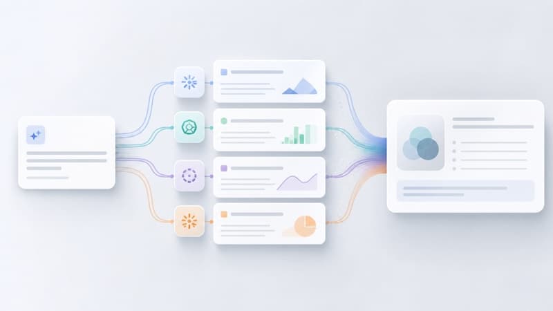 A single prompt flowing into multiple AI model responses and one final synthesis.
