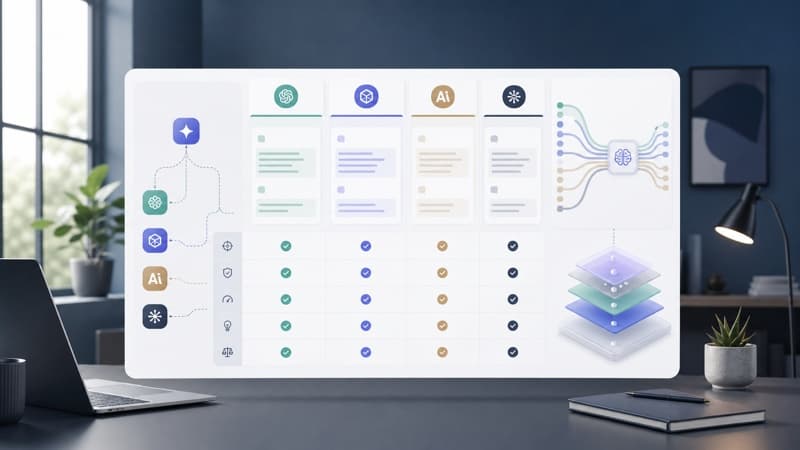 Abstract multi-model AI comparison workspace with parallel response panels.