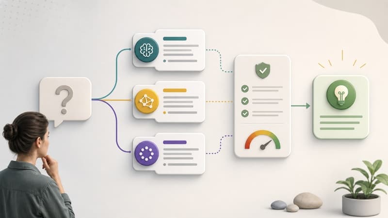 Question splitting into multiple AI answer paths, verification checklist, confidence meter, and final answer.