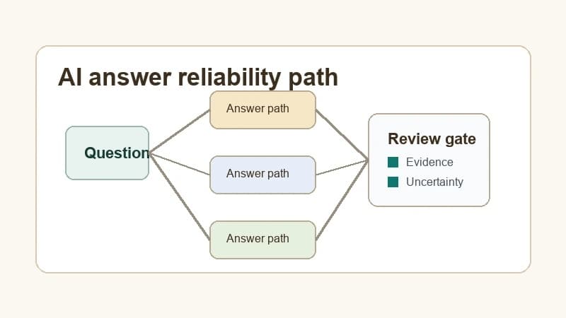 Concept diagram of AI answer reliability with question input, multiple response paths, verification checkpoints, and a human review gate.