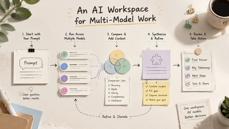 Conceptual AI workspace with organized prompt desk, model comparison layers, context folders, review checkpoints, and workflow paths for multi-model work.