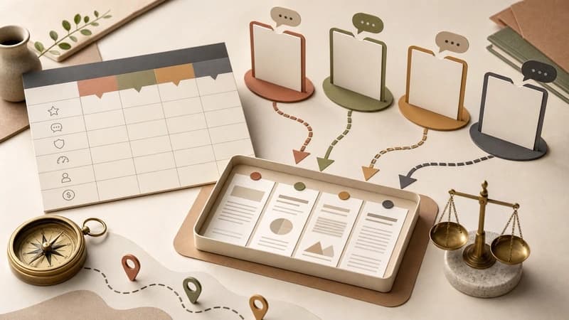 Editorial comparison board showing tool paths, a multi-model workspace tray, compass, and balance scale.
