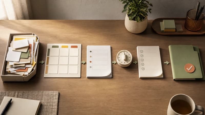 Editorial worktable showing a step-by-step AI productivity workflow from task intake to reviewed output.