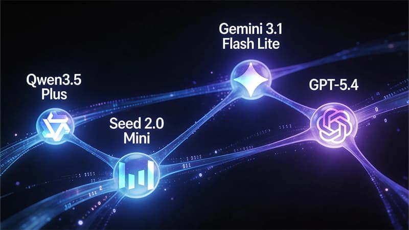 Comparison of new AI models on Meshub.ai including Qwen3.5 Plus, Seed 2.0 Mini, Gemini 3.1 Flash Lite, and GPT-5.4