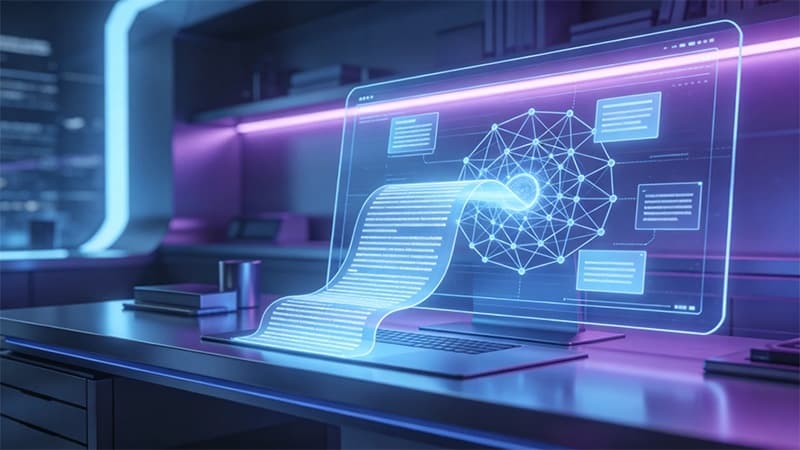 Futuristic visualization of artificial intelligence helping create blog content on a digital workspace.