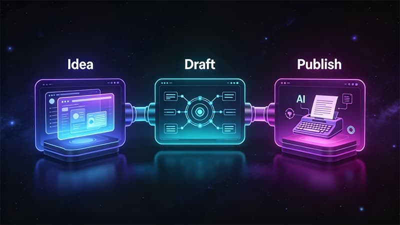 AI content creation workflow from idea generation to drafting and publishing using artificial intelligence tools.