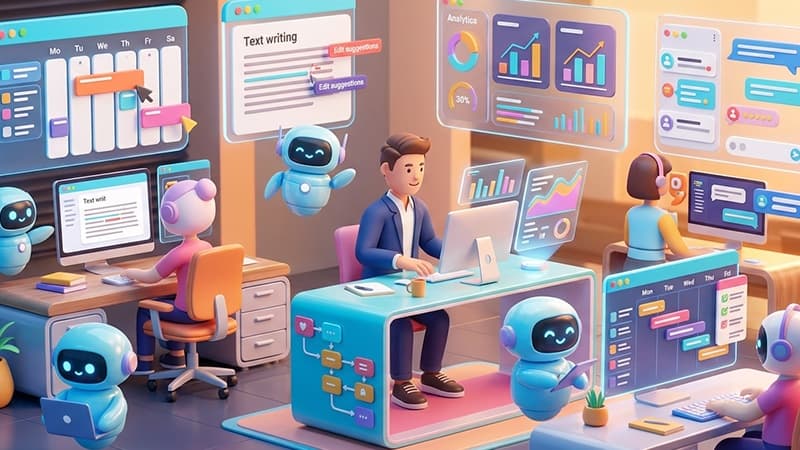 AI productivity workflow concept showing automated tasks, digital tools, and efficient work process visualization
