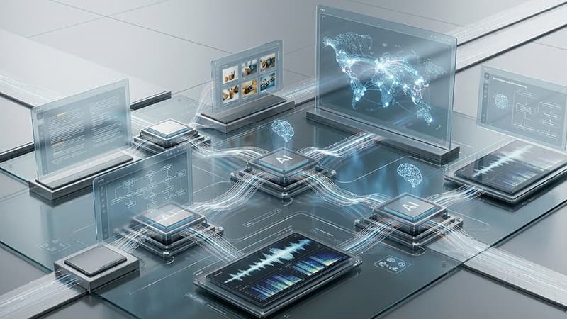 Future of AI collaboration concept with multiple AI agents working together in a unified digital workspace