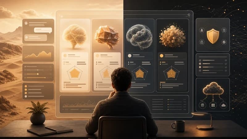 Editorial illustration of scaled AI platform comparison layers with usage bars, control cards, and continuity paths.