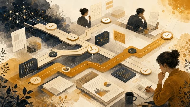Editorial illustration of a voice AI workflow with waveform lanes, routing nodes, and review checkpoints.