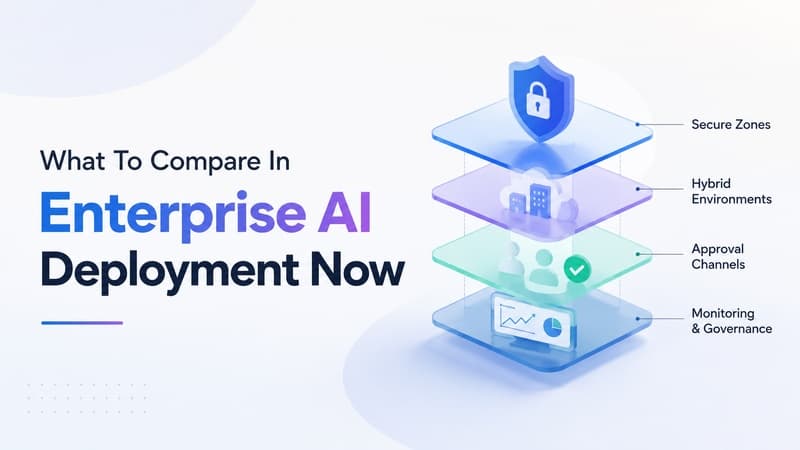 Editorial illustration of enterprise AI deployment layers with secure zones, hybrid environments, approval channels, and monitoring panels.