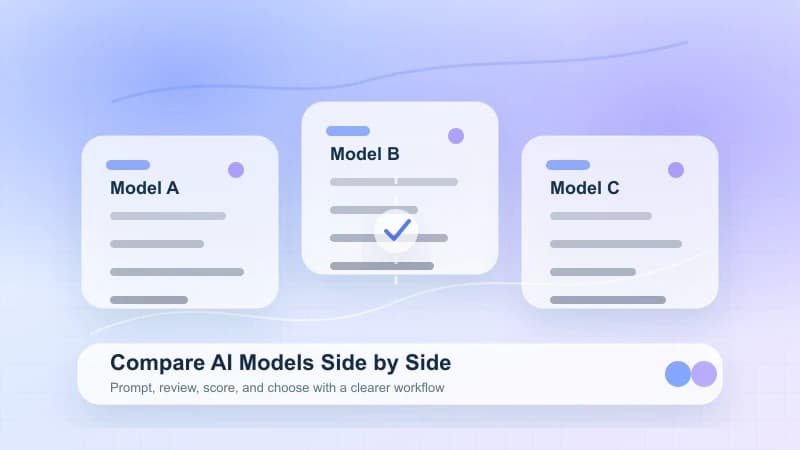 Abstract AI workspace showing side-by-side model comparison panels in a soft blue and violet gradient scene.