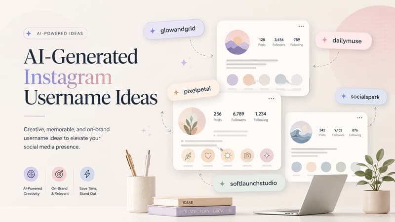AI username generator workspace showing creative Instagram name ideas on abstract social media profile cards.