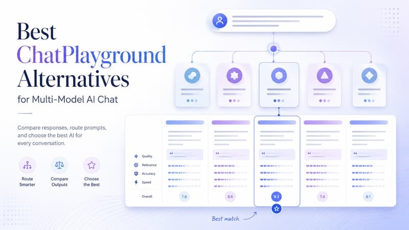 Abstract tool selection map showing multi-model AI chat alternatives and side-by-side response comparison panels.
