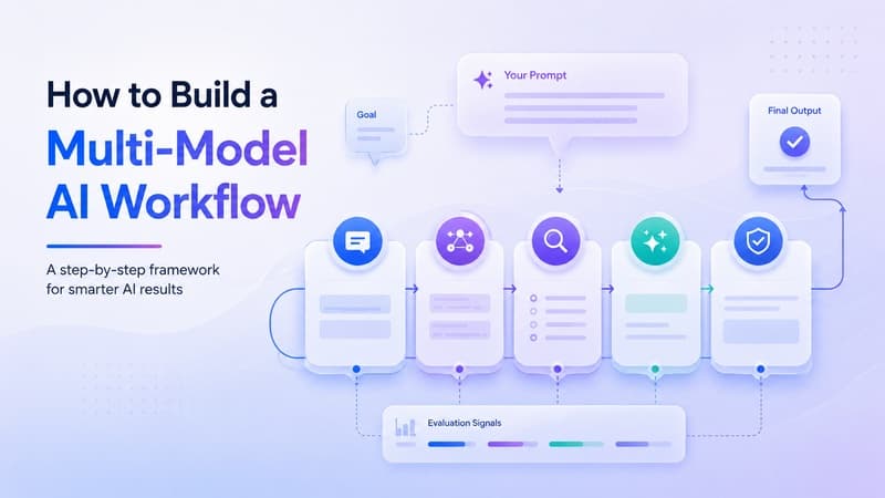 Abstract multi-stage AI workflow pipeline showing prompt, model comparison, critique, synthesis, and final review.