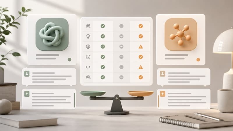Side-by-side AI model comparison workspace with evaluation grid and decision scale.