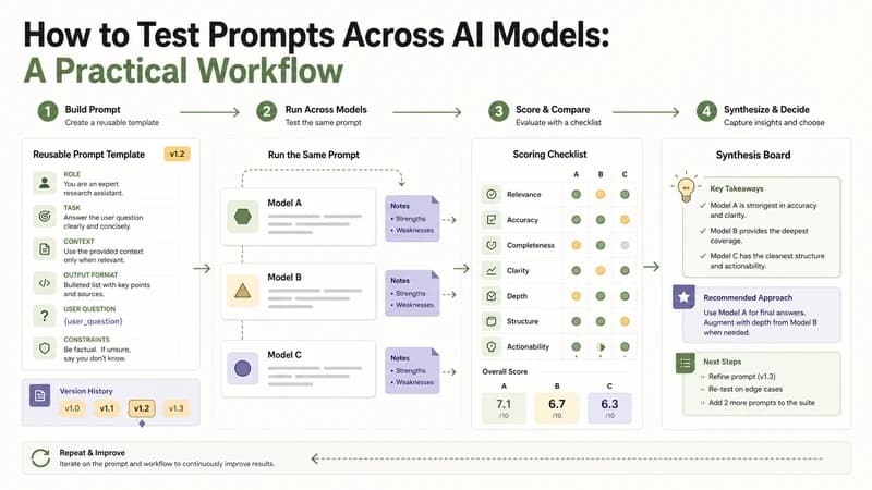 Prompt testing workflow with model lanes, scoring checklist, version markers, and synthesis board.