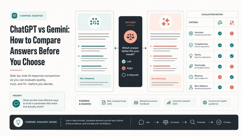 Side-by-side AI answer comparison board with model cards, scoring grid, and decision column.