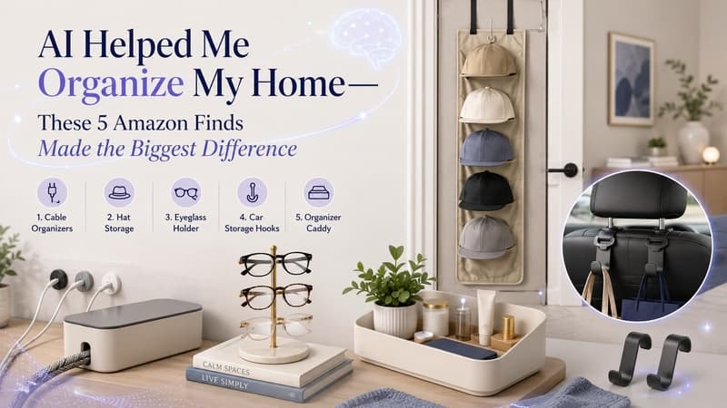 AI-recommended home organization products including cable organizers, hat storage, eyeglass holders, and car storage hooks