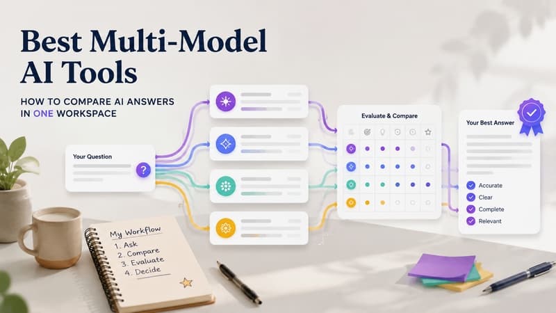 Premium editorial comparison workspace with layered model cards, evaluation grid, workflow notes, and answer review markers for choosing the best multi-model AI tools.
