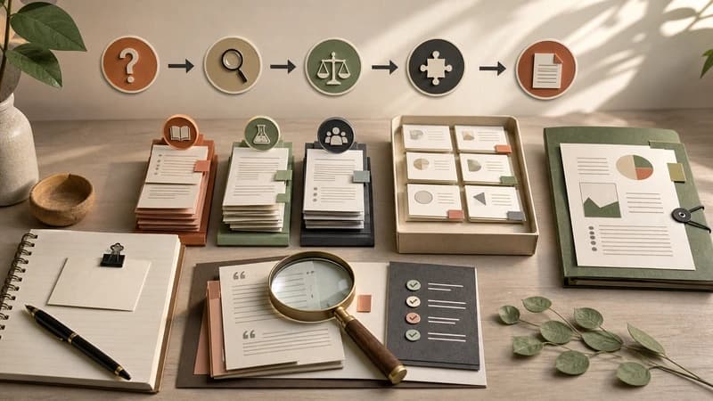 Editorial desk showing an AI research workflow from question framing through source review, comparison, and synthesis.