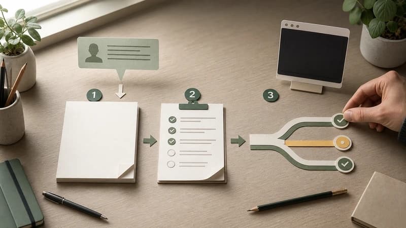 Editorial developer workbench showing a three-stage AI coding workflow with a prompt card, review checklist, and verification marker.