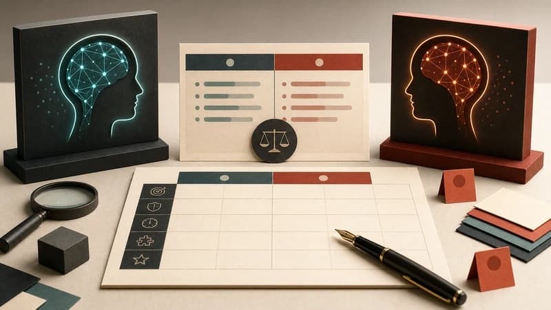 Editorial comparison desk with two unbranded AI model panels, an evaluation matrix, and evidence markers.