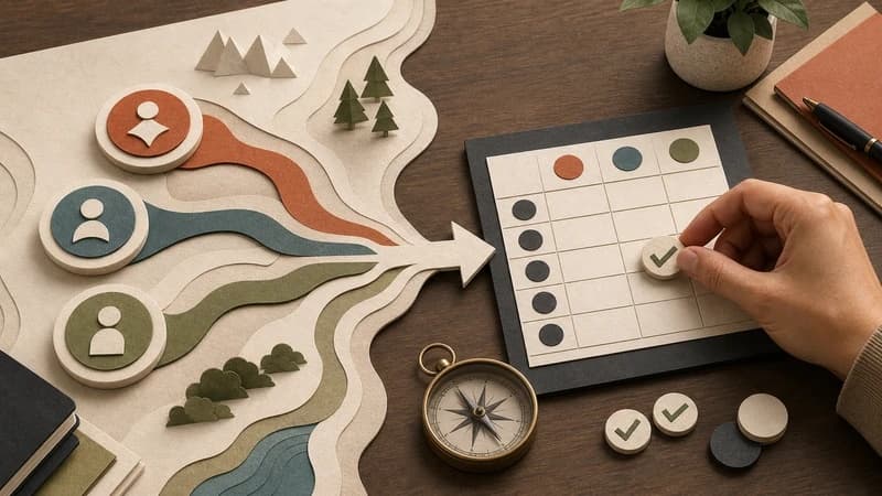 Paper-crafted tool selection map leading to a multi-model AI comparison board with verification markers.